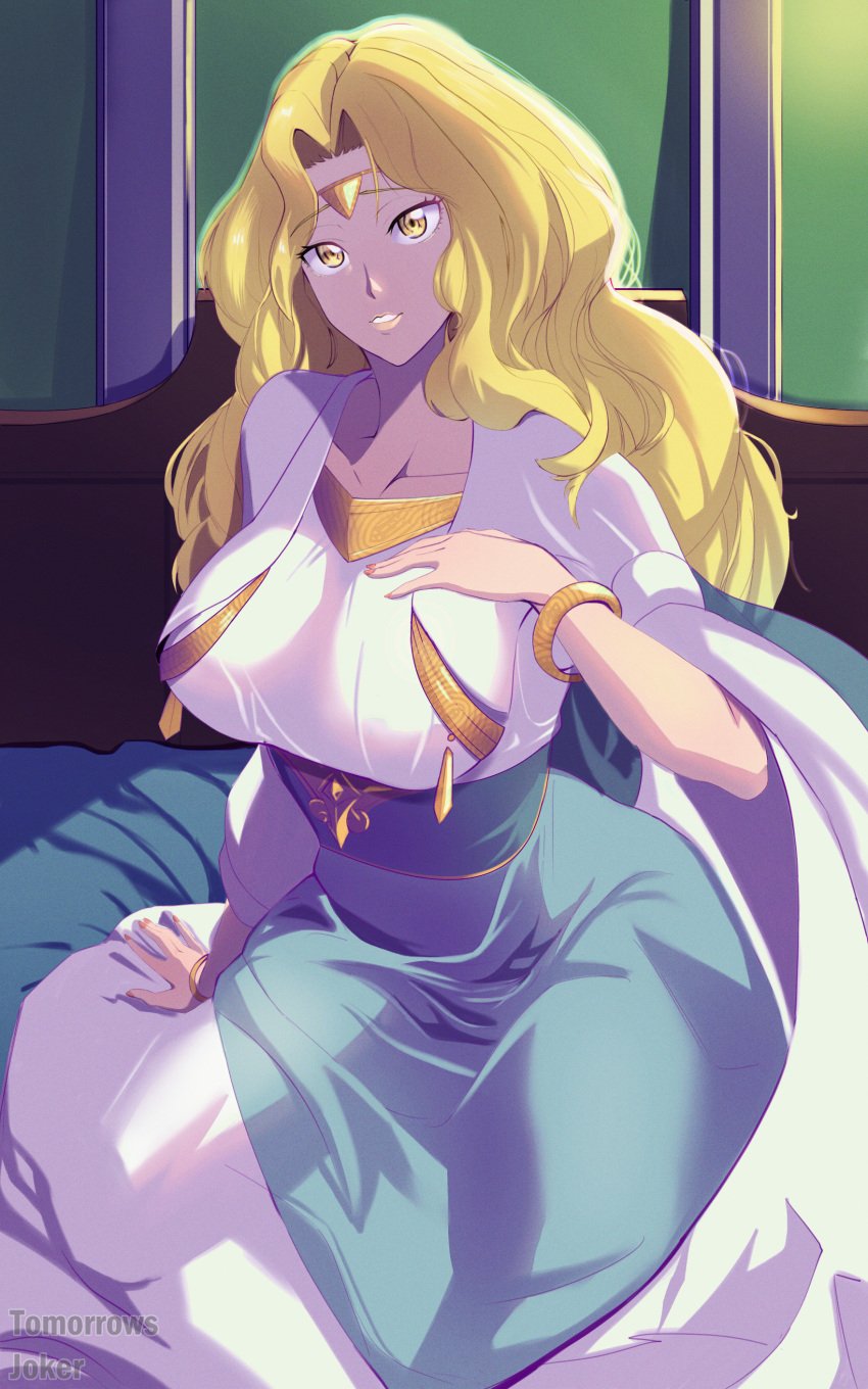 1girls bed bedroom_eyes blonde_hair breasts dress edain_(fire_emblem) female female_only fire_emblem fire_emblem:_genealogy_of_the_holy_war grin hand_on_own_chest indoors kneeling large_breasts lipstick long_hair mature mature_female nail_polish nintendo on_bed orange_nails smile solo tomorrowsjoker wide_hips yellow_eyes yellow_lips yellow_lipstick