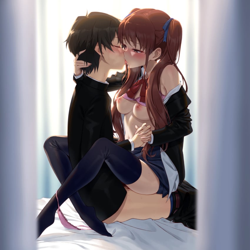 1boy 1girls absurdres akazawa_izumi another aroused black_hair black_jacket black_socks blue_skirt blue_thighhighs blush bow bowtie bra breasts breasts_out brown_eyes brown_hair closed_eyes clothed_sex couple cowgirl_position female french_kiss french_kissing happy_sex head_grab hetero highres holding_hands interlocked_fingers jacket kissing kissing_while_penetrated leg_lock light-skinned_female light-skinned_male light_skin lotus_position male male/female medium_breasts mochizuki_yuuya momihige_(mo3hig3) nipples pink_bra red_bow red_bowtie sakakibara_kouichi school_uniform sex skirt slim_waist socks source_request straddling straight teenage_girl teenager thigh_socks thighhighs tongue_kiss twintails underwear upright_straddle vaginal vaginal_penetration