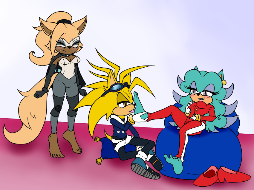 1boy 2girls anthro bean_bag biting_lip blush bolt_the_hedgehog breezie_the_hedgehog breezie_the_hedgehog_(archie) cape clothed_masturbation feet female_masturbation fingering flustered foot_fetish foot_lick fully_clothed gloves hand_in_pants hedgehog idw_comics idw_publishing licking_foot long_hair manic_the_hedgehog masturbating_while_recieving_foot_lick masturbation mobian_(species) pantsuit ponytail rubbing_pussy sega shoes sitting sonic_(series) sonic_the_hedgehog_(archie) sonic_the_hedgehog_(comics) sonic_the_hedgehog_(idw) sonic_the_hedgehog_(series) trio vaginal_masturbation voltraptor whisper_the_wolf wolf