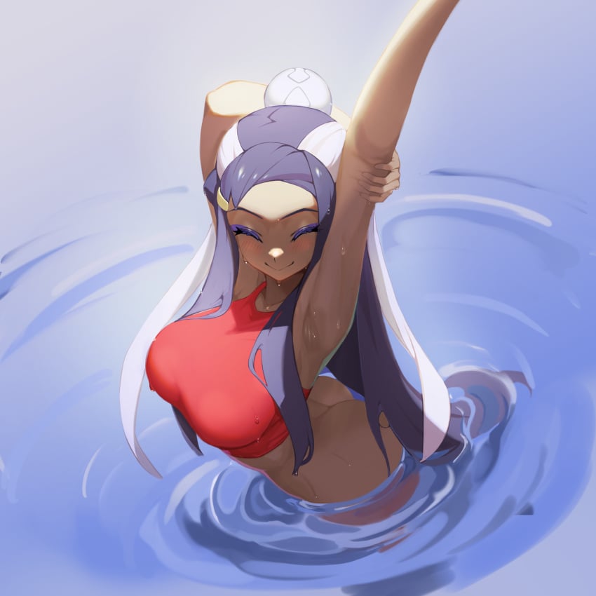 1girls armpits arms_up ass blush blush closed_eyes dark-skinned_female dark_skin female hair_bun highres komadera nessa_(pokemon) pokemon pokemon_ss smiling stretching swimsuit tank_top