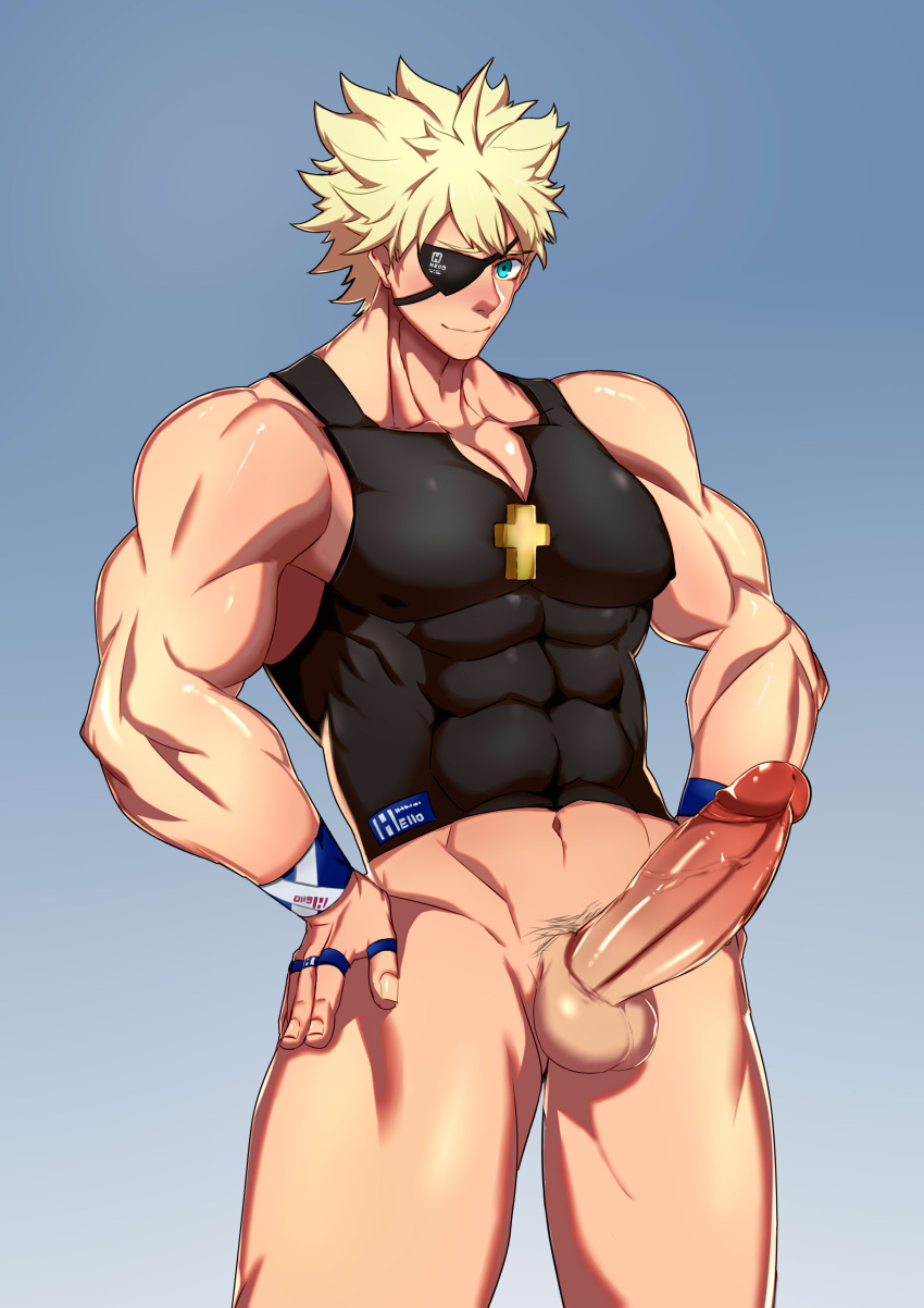 1boy blonde_hair blue_eyes erection eye_patch guilty_gear guilty_gear_strive hands_on_hips large_penis male_only muscular muscular_male sin_kiske skin_tight smiling solo solo_focus