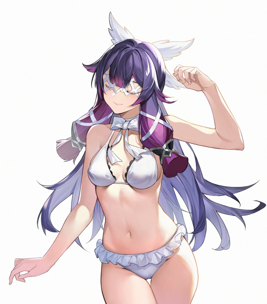 1girls arms_up bangs bare_arms bare_shoulders belly belly_button bikini blush blush_lines bow bra breasts closed_eyes collarbone columbina_(genshin_impact) cowboy_shot female female_focus female_only frills genshin_impact gradient_hair groin hair_flaps hand_up hi_res high_resolution highres light-skinned_female light_skin long_hair medium_breasts multicolored_hair purple_hair shiny shiny_hair sidelocks simple_background solo solo_female solo_focus standing stomach swimsuit thigh_gap thighs very_long_hair white_background white_bikini white_bow yin_lan_xue