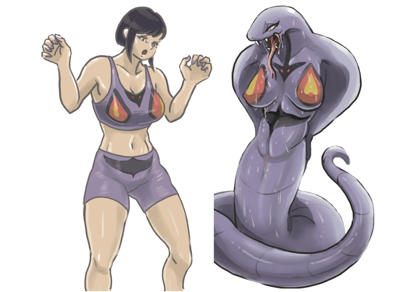 2022 anthro arbok arbok_(cosplay) before_and_after black_hair bodily_fluids bottomwear bra breasts clothing fangs female forked_tongue generation_1_pokemon genitals hair human human_to_anthro looking_down mammal navel nintendo nipples nude open_mouth pokémon_(species) pokemon pokemon_(cosplay) pokemon_(species) purple_body pussy shorts simple_background solo species_transformation sports_bra surprise tabino tears tongue transformation underwear video_games white_background