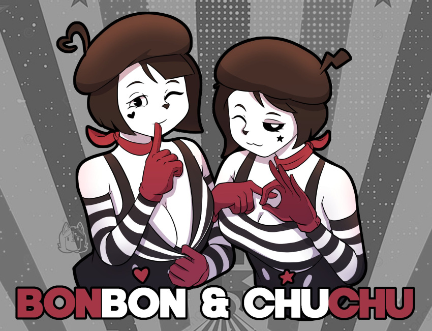 2girls :3 big_breasts black_eyes bonbon_(derpixon) breasts brown_hair chuchu_(derpixon) derpixon female female_only heart mime mime_and_dash mime_girl multiple_girls pac-man_eyes schelle smile star white_body white_eyes white_skin