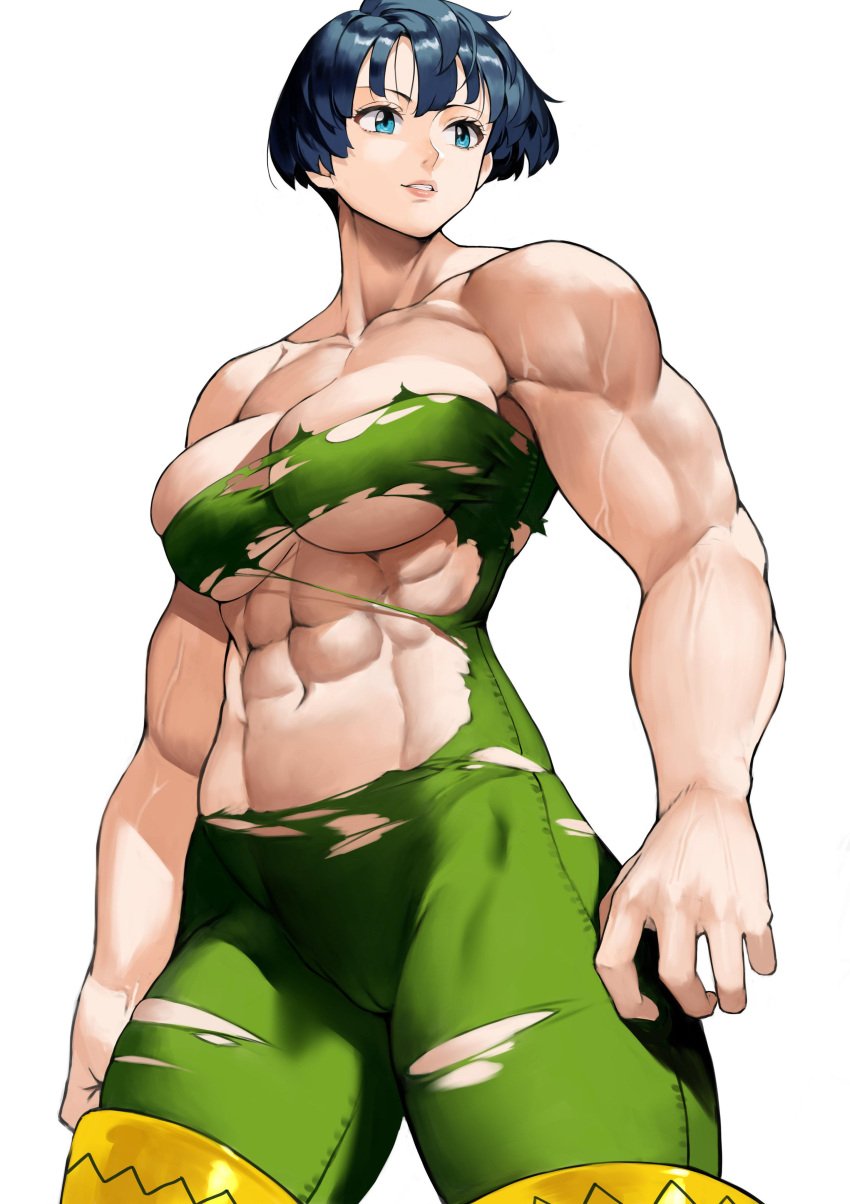 1girls abs absurd_res ai_generated bare_shoulders biceps big_breasts blue_eyes blue_hair bob_cut breasts cameltoe cleavage female female_only gawain_(mokushiroku_no_yonshiki) gawain_(nanatsu_no_taizai) green_clothing hi_res light-skinned_female light_skin looking_down mokushiroku_no_yonkishi muscles muscular muscular_arms muscular_female nanatsu_no_taizai navel seven_deadly_sins short_hair simple_background smile solo solo_female solo_focus standing thick_thighs tight_clothing torn_clothes torn_clothing underboob vein white_background yellow_thighhighs yoshi55level yoshio_(55level)