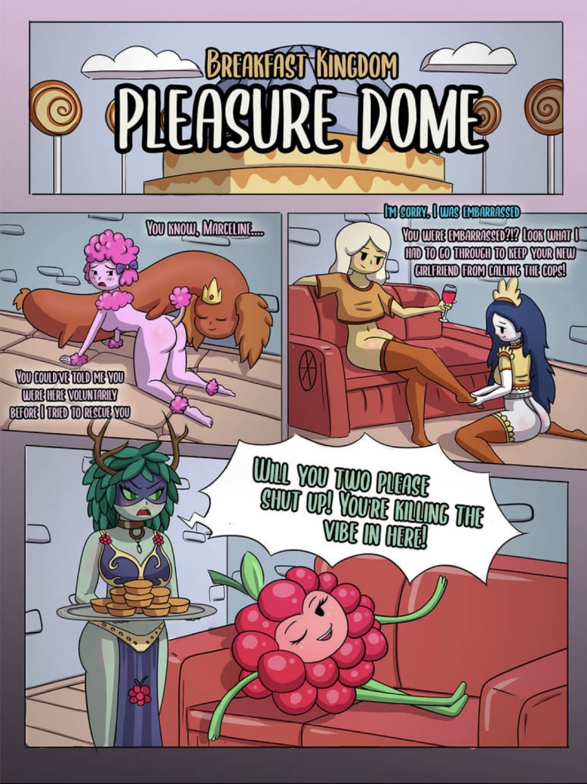 adventure_time blush breakfast_princess chastity chastity_belt comic female_chastity female_only green_skin hot_dog_princess huntress_wizard marceline petplay princess_bubblegum resonatingdiscord roleplay speech_bubble text wariza wildberry_princess yuri