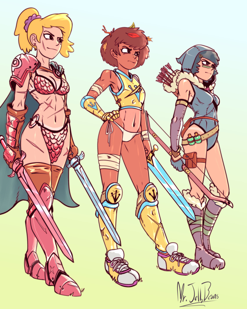 3girls absurd_res amphibia anne_boonchuy archery armor armored_boots armored_gloves arrows artist_name artist_signature bandages battle_armor bikini_armor black_hair blonde_hair boots bottomless bow bow_and_arrow brown_hair cape chestplate cleavage clothing curvy disney disney_channel dual_wielding face_paint fantasy female female_only gloves gradient_background hand_on_hip high_resolution highres hips hood hood_up hourglass_figure knight leaves_in_hair leotard light-skinned_female light_skin marcy_wu mr.jellybeans multiple_girls navel outfit panties pockets ponytail potion ready_for_battle ready_to_fight revealing_clothes sasha_waybright scar_on_face scars scars_all_over scars_on_chest scratch_marks serious shoes shoulder_pad side_by_side skimpy skimpy_armor skimpy_clothes straps sword tanline tanlines teenage_girl teenager thighs trio unconvincing_armor walking warrior weapon young