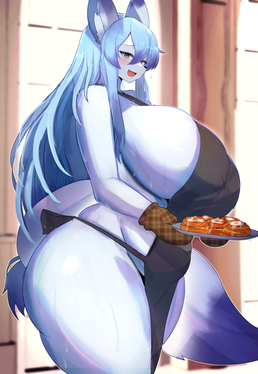 absurd_res anthro apron apron_only belly big_belly big_breasts big_butt blue_body blue_fur blush bodily_fluids breasts butt canid canine clothing curvy_figure female fox fur hi_res huge_breasts kakuteki11029 kemono lily_mari mammal mature_female mostly_nude shy slightly_chubby slightly_chubby_female solo sweat tagme thick_thighs voluptuous