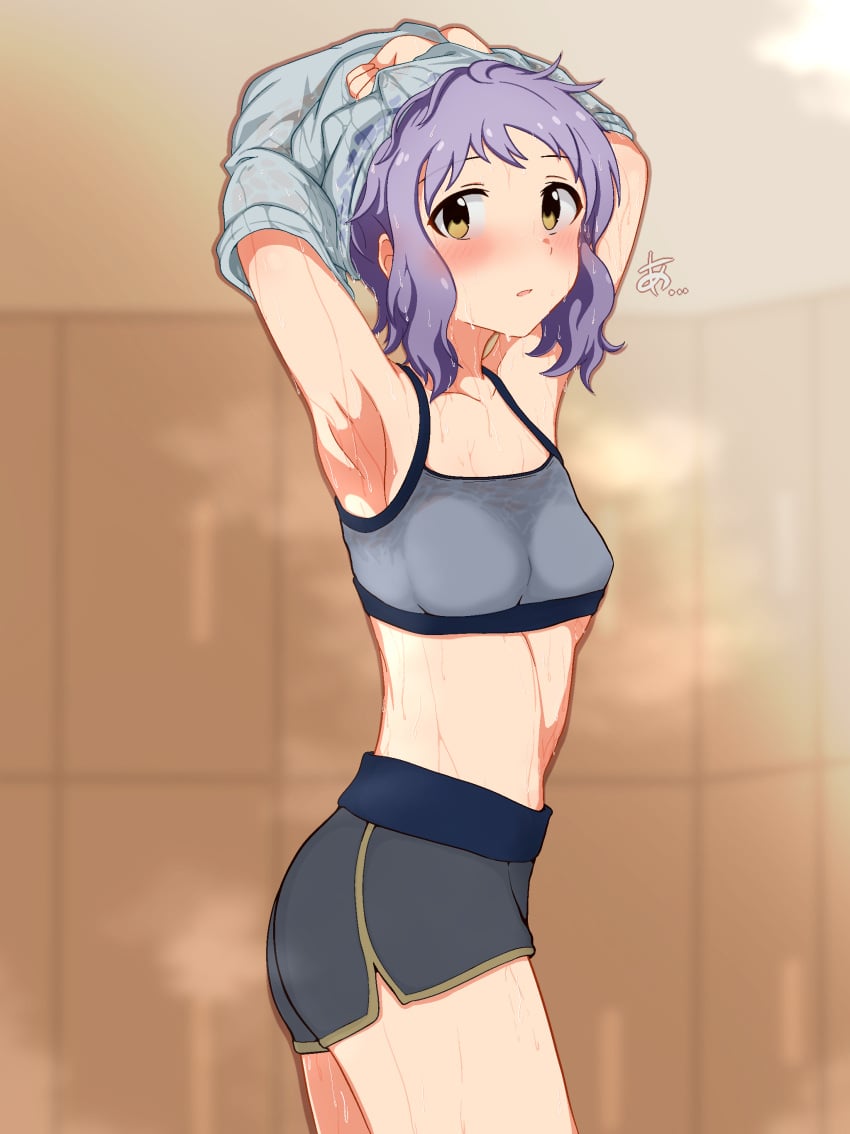 1girls armpits athletic blurry_background blush idolmaster idolmaster_million_live! indoors locker_room makabe_mizuki milliani purple_hair short_hair small_breasts sports_bra steam steaming_body stomach sweat sweat_stain sweating sweaty_clothes undressing wet_clothes