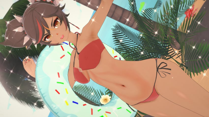 1girls ayaecchi bikini black_hair dark-skinned_female dark_skin female female_only genshin_impact koikatsu swimsuit xinyan_(genshin_impact)