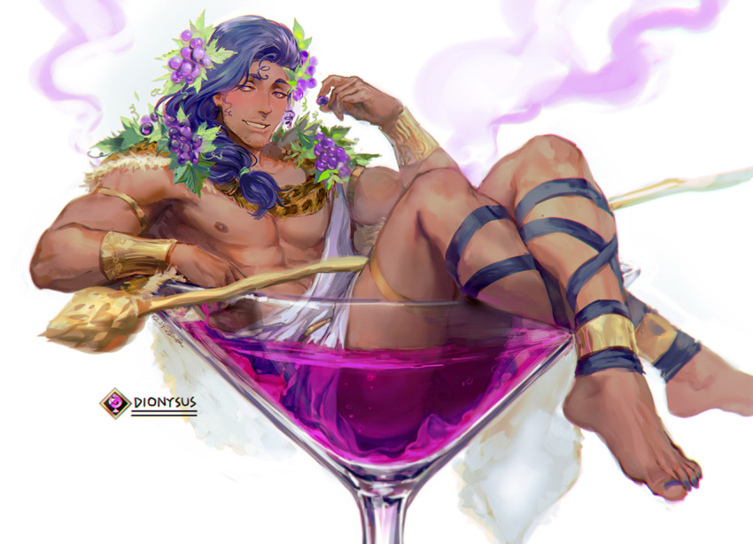 1boy abs alcohol armlet artistic bad_id bad_pixiv_id bare_pectorals barefoot blush blush_lines bracelet changyexs cup dark-skinned_male dark_skin deity dionysus dionysus_(hades) drinking_glass drunk european_mythology facial_hair feet food fruit full_body grapes greek_clothes greek_mythology hades_(game) jewelry long_hair low-tied_long_hair male male_focus male_only muscular muscular_male mythology nipples only_male partially_clothed pectorals public_domain purple_hair short_hair single_bare_shoulder sitting smile smiling smoke solo solo_focus solo_male source_request stubble supergiant_games thighs toenails toes wine wine_glass year_request