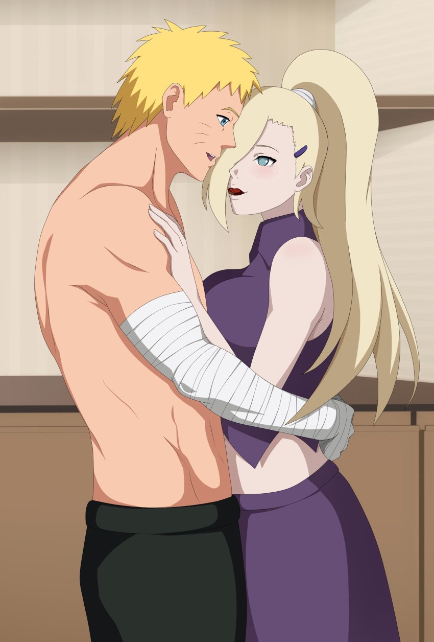 1boy 1girls aqua_eyes bandaged_arm bandages bedroom before_sex big_breasts blonde_hair blue_eyes blush boruto:_naruto_next_generations breast_press breasts breasts_against_chest busty chocolate chocolate_heart clothed_female clothed_male crop_top duo duo_focus feeding female food food_in_mouth food_play hair_over_one_eye half-dressed hug huge_breasts human iharuluna_(artist) imminent_kiss in_love indoors ino_yamanaka kitchen light_blue_eyes long_hair looking_at_another looking_at_partner male naruto naruto_(series) pants ponytail romantic romantic_couple shirt shirtless shirtless_(male) side_view sideboob skirt sleeveless sleeveless_shirt smile tease teasing uzumaki_naruto very_long_hair whisker_markings whiskers yellow_hair