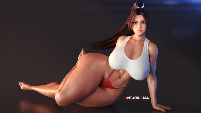 1girls 3d 3d_(artwork) alternate_ass_size alternate_breast_size antarxrigel big_breasts fatal_fury female female_only king_of_fighters long_hair looking_at_viewer lying_down lying_on_ground mai_shiranui on_floor solo solo_female tank_top thick_thighs thong thunder_thighs