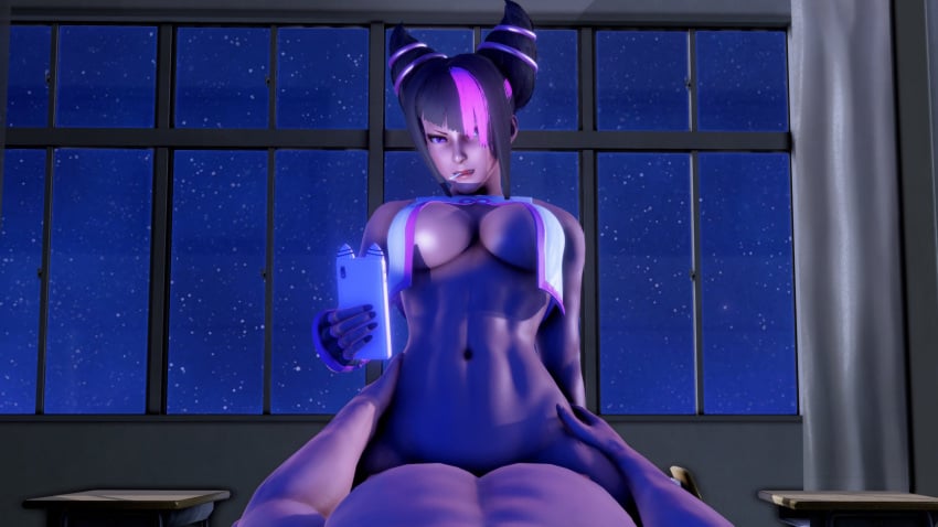 1boy 1girls 3d adnarimydeth black_hair bottomless busty capcom cowgirl_position crop_top female female_focus female_on_top hourglass_figure juri_han street_fighter street_fighter_6 tagme underwear wide_hips