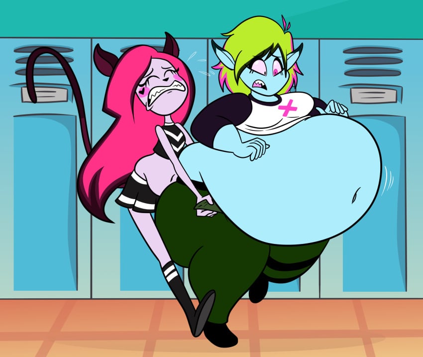 2022 2girls belly blue_skin breasts chubby demon fat fat_female female female_only green_hair greeny_(teen-z) huge_belly large_belly locker lockers navel obese obese_female pink_hair pink_skin pinky_(teen-z) scobionicle99 skirt tail teen-z unzipped weight_gain