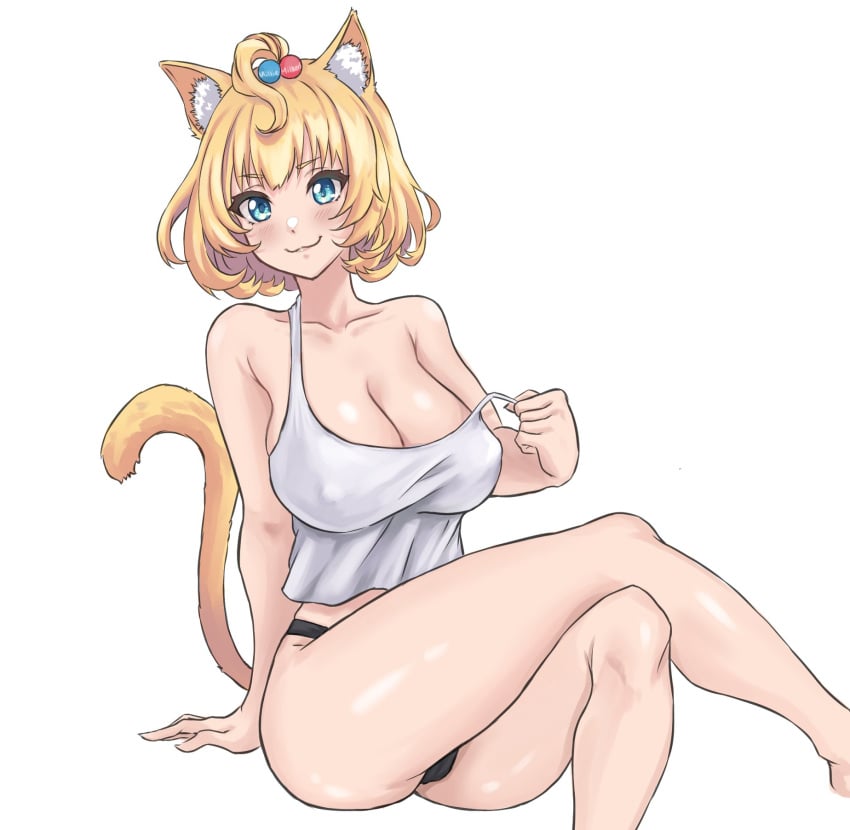 1girls :3 ahoge alternate_breast_size animal_ears bare_shoulders black_panties blonde_hair blue_eyes blush breasts cameltoe cat_ears cat_tail catgirl cleavage clothed clothing crossed_legs drumoriz erect_nipples exposed_shoulders eyebrows_visible_through_hair female female_focus female_only fluffy_ears hair_accessory hair_ornament kemonomimi large_breasts legs legs_crossed light-skinned_female light_skin looking_at_viewer medium_hair millie_parfait nijisanji nijisanji_en nipples_visible_through_clothing no_bra panties raised_tail shirt_and_panties short_hair simple_background sitting smile smiling solo solo_female solo_focus tail tank_top thick_thighs thighs underwear undressing virtual_youtuber white_background yellow_hair