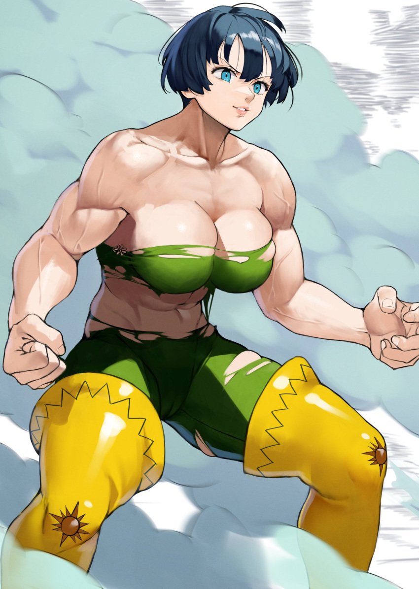 1girls absurd_res ai_generated bare_shoulders biceps big_breasts blue_eyes blue_hair bob_cut breasts cameltoe cleavage female female_only fighting_stance gawain_(mokushiroku_no_yonshiki) gawain_(nanatsu_no_taizai) green_clothing hi_res light-skinned_female light_skin looking_down mokushiroku_no_yonkishi muscles muscular muscular_arms muscular_female nanatsu_no_taizai navel seven_deadly_sins short_hair smile smoke solo solo_female solo_focus thick_thighs thigh_boots tight_clothing torn_clothes torn_clothing underboob vein yellow_thighhighs yoshi55level yoshio_(55level)