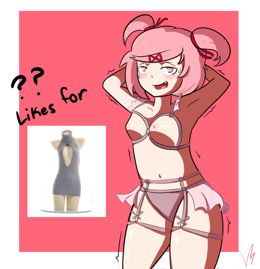 1girls ? ?? arms_up blush dafilthyllama doki_doki_literature_club fang female mannequin natsuki_(doki_doki_literature_club) open_mouth panties pink_eyes pink_hair pink_skirt skirt solo strip_game stripgame