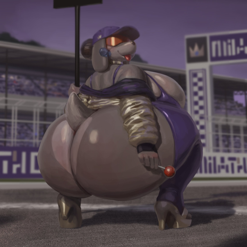 2d_looking_like_3d anthro bare_butt bra bunny bunny_girl cap collar crouching earrings fat_ass female high_heels huge_ass huge_breasts hyper_bimbo lagomorph legwear lollipop looking_back may_(garuda_six) overweight overweight_anthro overweight_female patacon race_track short_tail sunglasses tongue_out