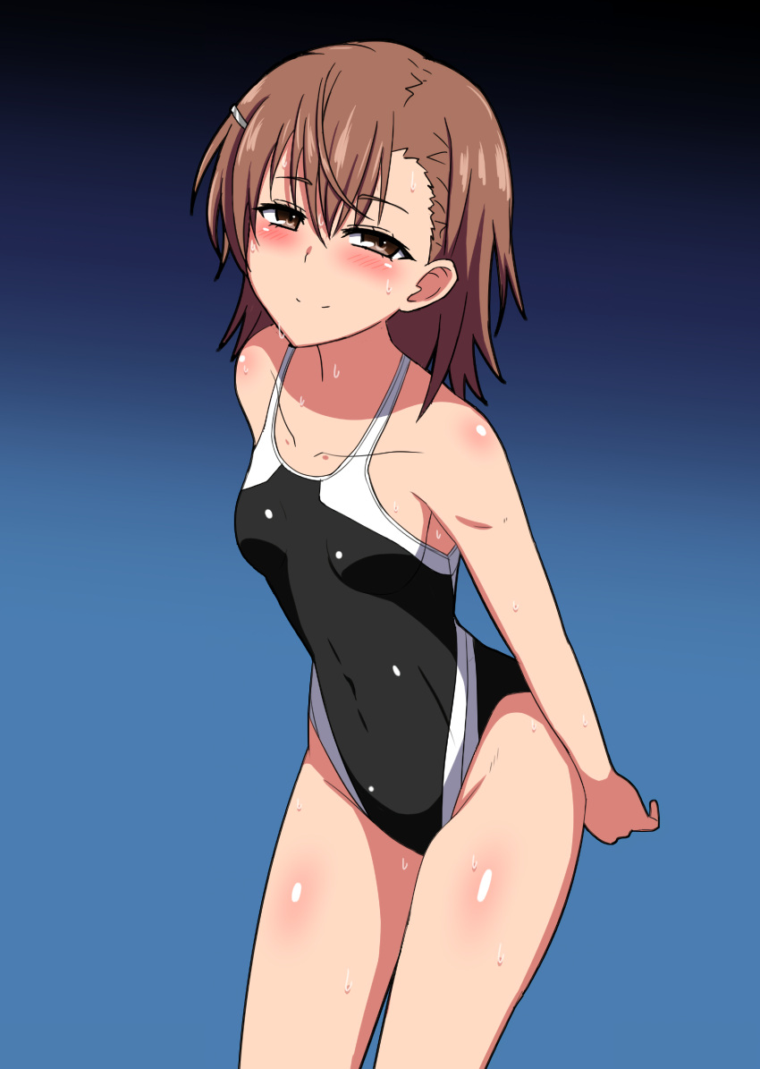 10s 1girls 2018 bangs bare_arms bare_shoulders black_one-piece_swimsuit blue_background blush body_blush breasts brown_eyes brown_hair brunette closed_mouth collarbone competition_swimsuit covered_navel cowboy_shot female gradient gradient_background hair_ornament hairclip half-closed_eyes hi_res highleg_leotard leaning_forward looking_at_viewer marupuni matching_hair/eyes misaka_mikoto one-piece_swimsuit school_swimsuit shiny shiny_clothes shiny_skin short_hair skin_tight small_breasts smile solo standing swimsuit teenage_girl teenager thighs to_aru_kagaku_no_railgun to_aru_majutsu_no_index tokiwadai_school_swimsuit water_drop wet young