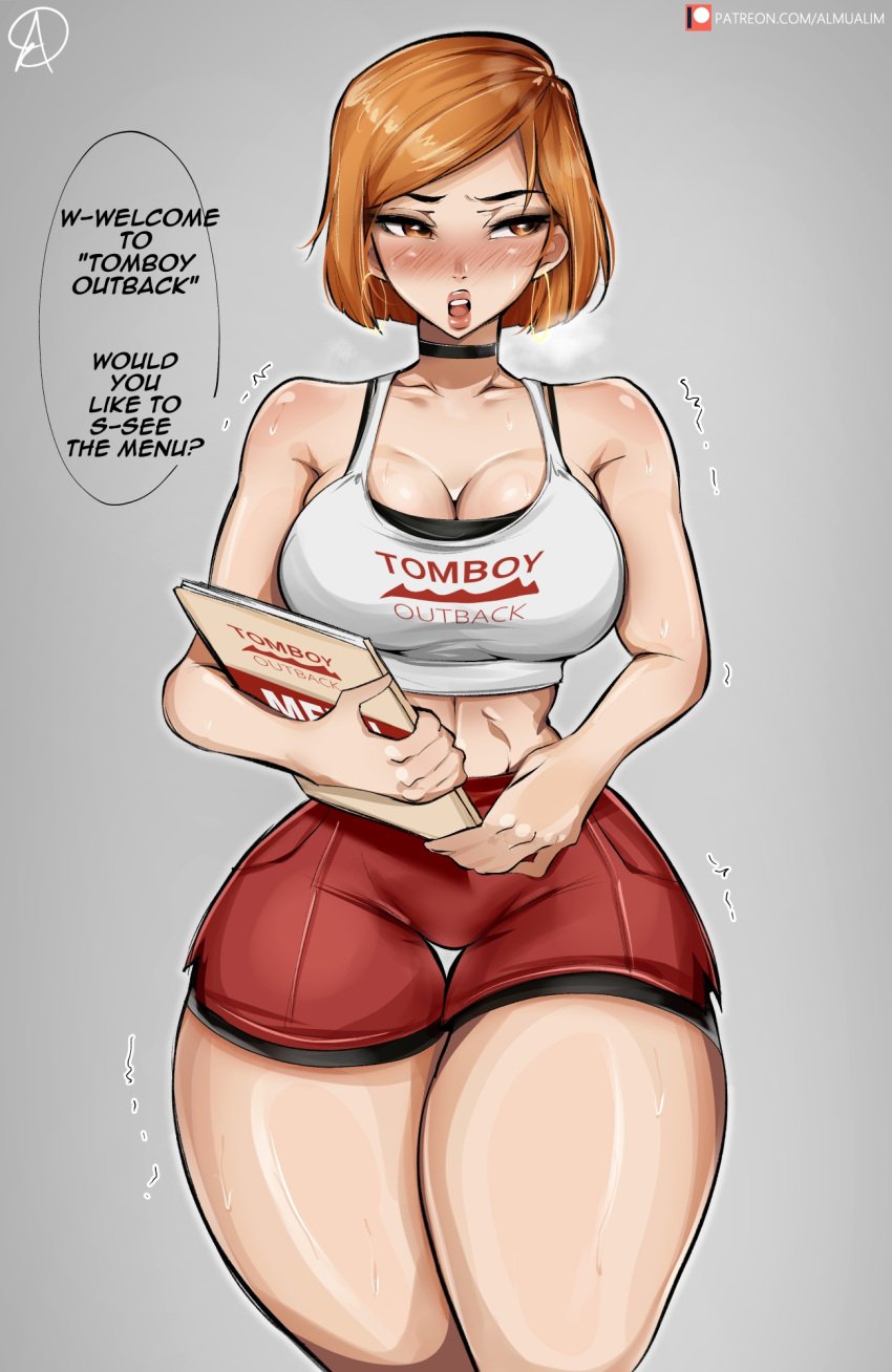 1girls almualim booty_shorts breasts brown_eyes brown_hair bursting_breasts commission commission_art dialogue english_text female hips hoop_earrings jujutsu_kaisen kugisaki_nobara large_breasts light-skinned_female light_skin outback_steakhouse short_hair short_shorts shorts slim_waist tank_top text thick_thighs thigh_gap thighs tight_clothing tomboy tomboy_outback waitress wide_hips