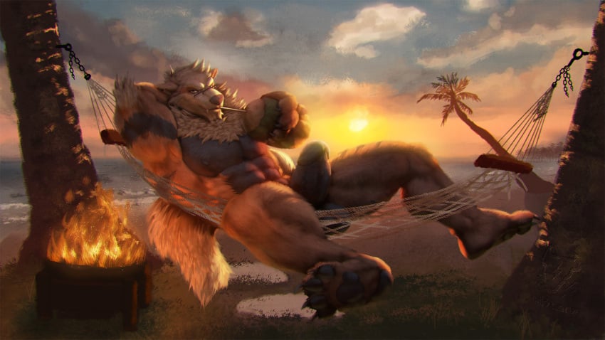 16:9 abs anthro arcanine beverage biceps big_penis black_body black_fur bullstorm canid canine canis coconut coconut_drink drinking drupe_(fruit) erection eyewear eyewear_only fluffy fluffy_tail food fruit fur generation_1_pokemon genitals glasses glasses_only hi_res huge_cock humanoid_genitalia humanoid_penis male mammal muscular muscular_anthro muscular_male neck_tuft nintendo nipples nude orange_body orange_fur pawpads pecs penis plant pokémon_(species) pokemon pokemon_(species) solo straw sunset thick_penis tuft video_games widescreen