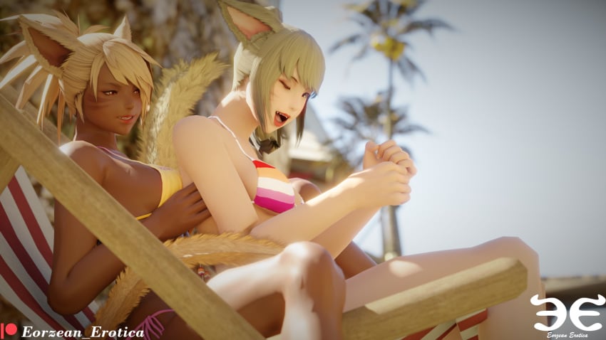 3d beach bikini cat_ears cat_eyes cat_tail catgirl dark-skinned_female dark_skin day eorzean_erotica fangs final_fantasy final_fantasy_xiv from_behind kemonomimi laugh light-skinned_female light_skin m'naago miqo'te outdoors outside pride_colors sitting sitting_on_chair sky smile sunlight tail tickling tickling_armpits yuri zhloe_aliapoh