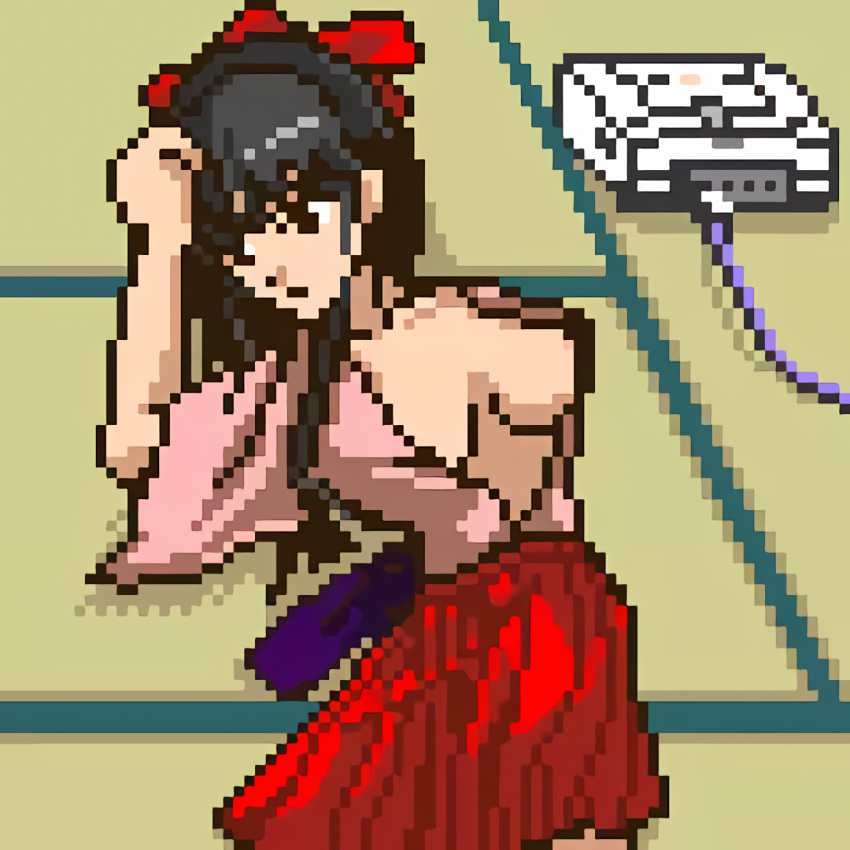 1girls big_breasts black_hair bow breasts brown_eyes busty cleavage clothing dreamcast game_console hair_ribbon highres japanese_clothes large_breasts long_hair long_skirt lying medium_breasts nipple_slip nipples no_bra oioi_wasabi_nuki_de open_clothes pixel_art ponytail ribbon sakura_shinguji sakura_taisen sakura_wars sega sega_saturn sensual skirt solo source_request voluptuous