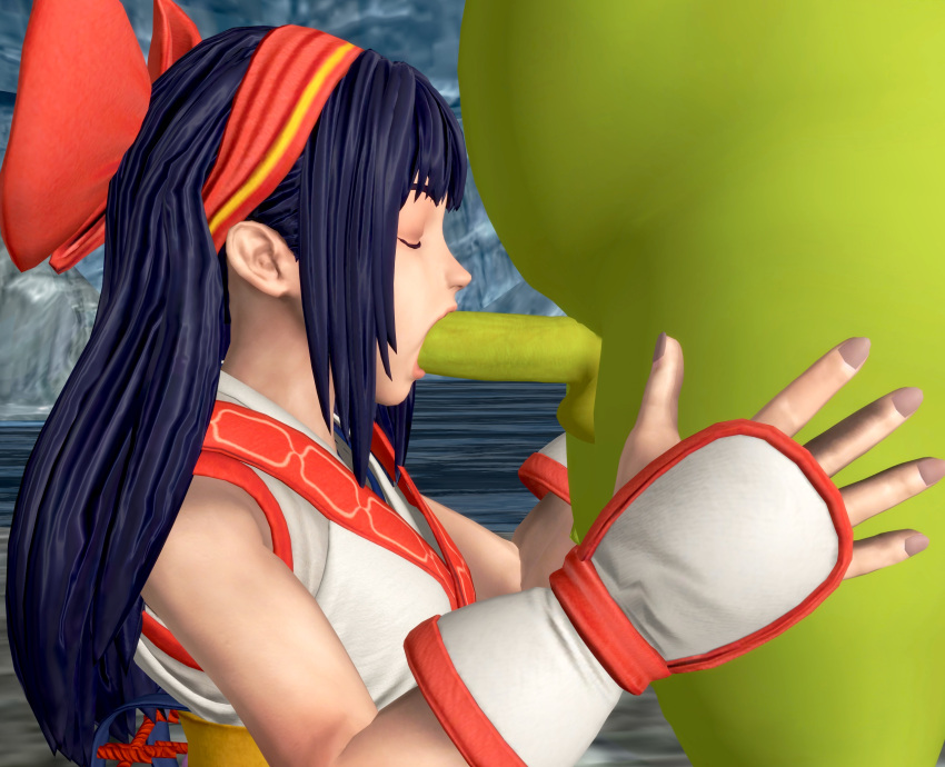 1girls 3d ainu_clothes big_penis breasts closed_eyes fellatio hair_ribbon long_hair monster nakoruru penis ponhiki samurai_shodown small_breasts snk