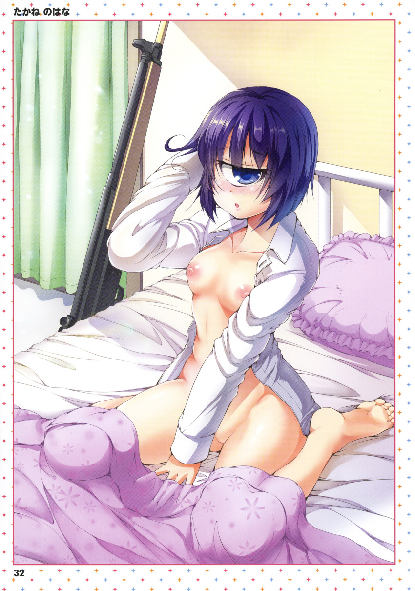 1girls areola areolae bed blanket bottomless breasts breasts_out cute cycles feet female functionally_nude g3 in_bed just_woke_up manako messy_hair monoeye monster_girl monster_musume_no_iru_nichijou naked nipples nude on_bed one_eye open_shirt petite pillow pink_nipples purple_eyes purple_hair shirt shirt_only sitting sitting_on_bed sitting_up small_breasts sniper sniper_rifle thick_thighs thighs waking_up