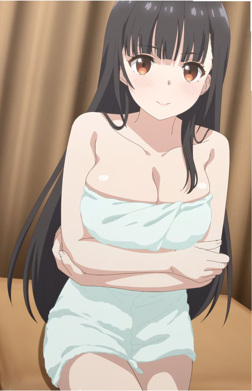 1girls animated arms_over_chest black_hair brown_eyes cleavage female female_only irido_yume large_breasts long_hair mamahaha_no_tsurego_ga_moto_kano_datta naked naked_female naked_towel screencap solo solo_female source_request towel towel_only