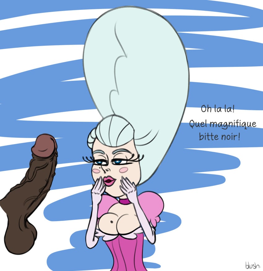 1girls animaniacs animaniacs_(2020) balls cleavage dark-skinned_male dialogue disembodied_penis female french_text light-skinned_female marie_antoinette marie_antoinette_(animaniacs) penis penis_awe pervyblush veiny_penis