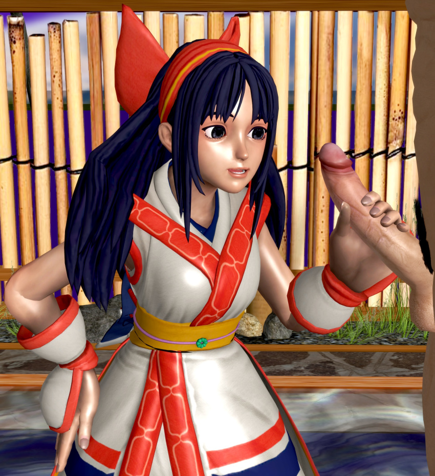 1boy 1girls 3d ainu_clothes blue_hair breasts female fingerless_gloves gloves grey_eyes hair_ribbon hand_on_hip handjob highres huge_cock long_hair male nakoruru open_mouth penis penis_grab ponhiki ribbon samurai_shodown small_breasts smile snk