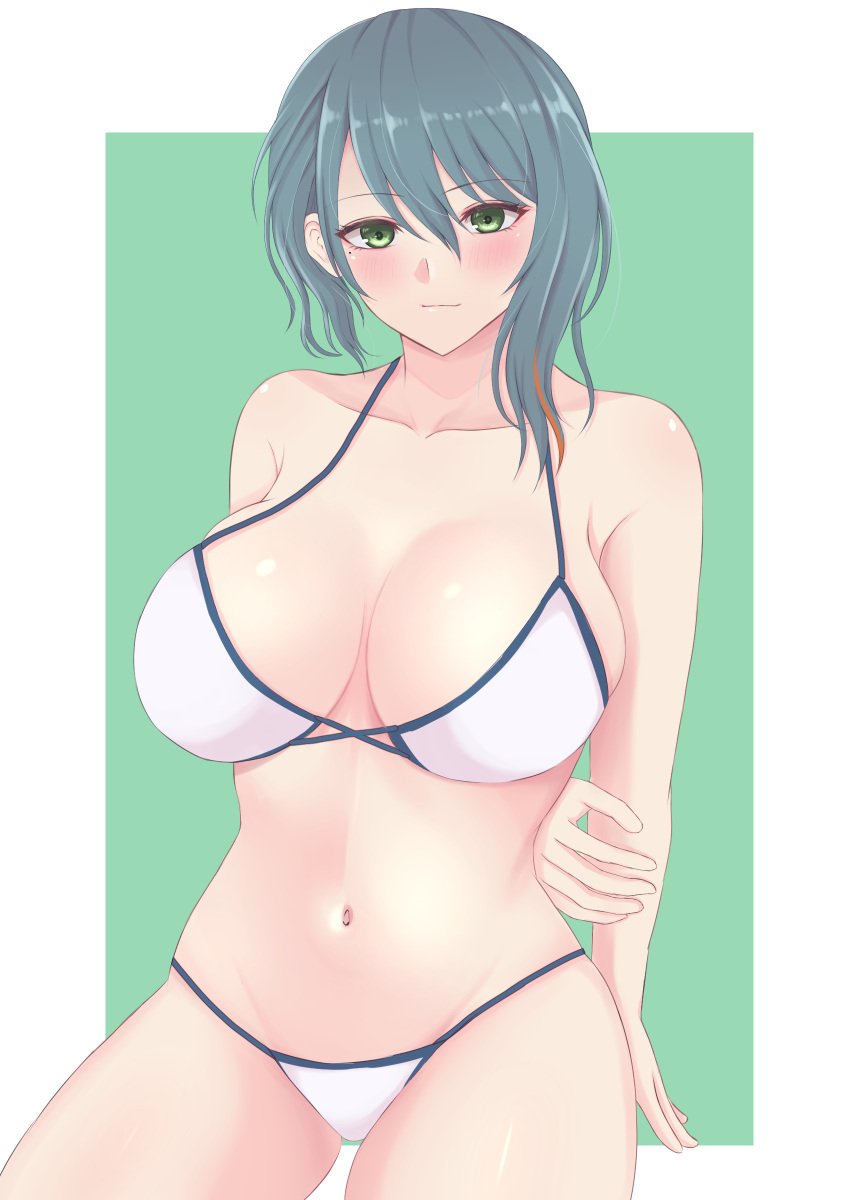 1girls bikini blue_eyes blush cleavage dead_or_alive dead_or_alive_xtreme_venus_vacation green_hair huge_breasts looking_at_viewer medium_hair oja1226 tamaki_(doa) voluptuous