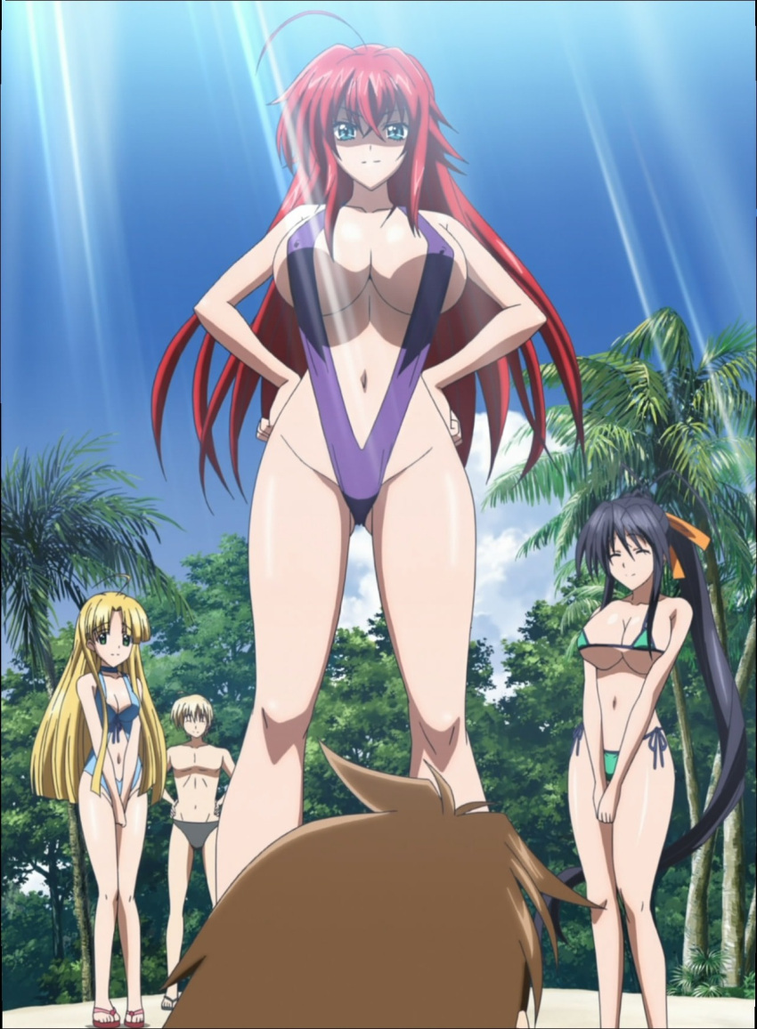 3girls akeno_himejima angry anime_screencap asia_argento beach blonde_hair female female_only high_school_dxd highres hyoudou_issei kiba_yuuto multiple_girls non-web_source red_hair rias_gremory smile swimsuit