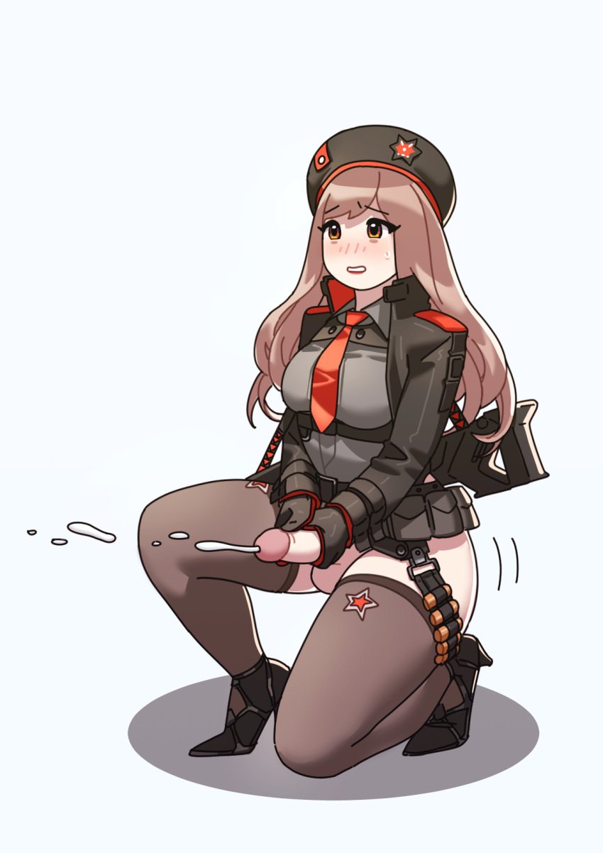 1futa 2022 balls big_penis bottomless breasts brown_hair clothed clothing cum ejaculation erection futa_only futanari gloves goddess_of_victory:_nikke human kneeling light-skinned_futanari light_skin long_hair masturbation military_uniform mostly_clothed orgasm penis popuka9 rapi_(nikke) simple_background soldier solo thighhighs uncensored