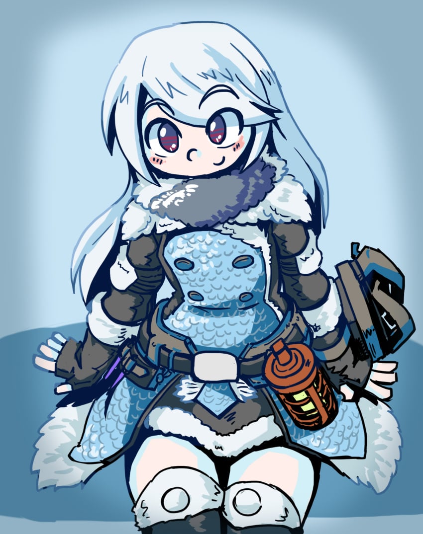 belt exposed_legs eyebrows_visible_through_hair fingerless_gloves first_sfw_of_character fur_coat fur_scarf gloves happy happy_girl hi_res high_quality jane_(juztplay) juztplay long_hair long_white_hair looking_at_viewer monster_hunter monster_hunter_(series) oc original_character red_eyes safe_for_work sfw smile white_background white_hair