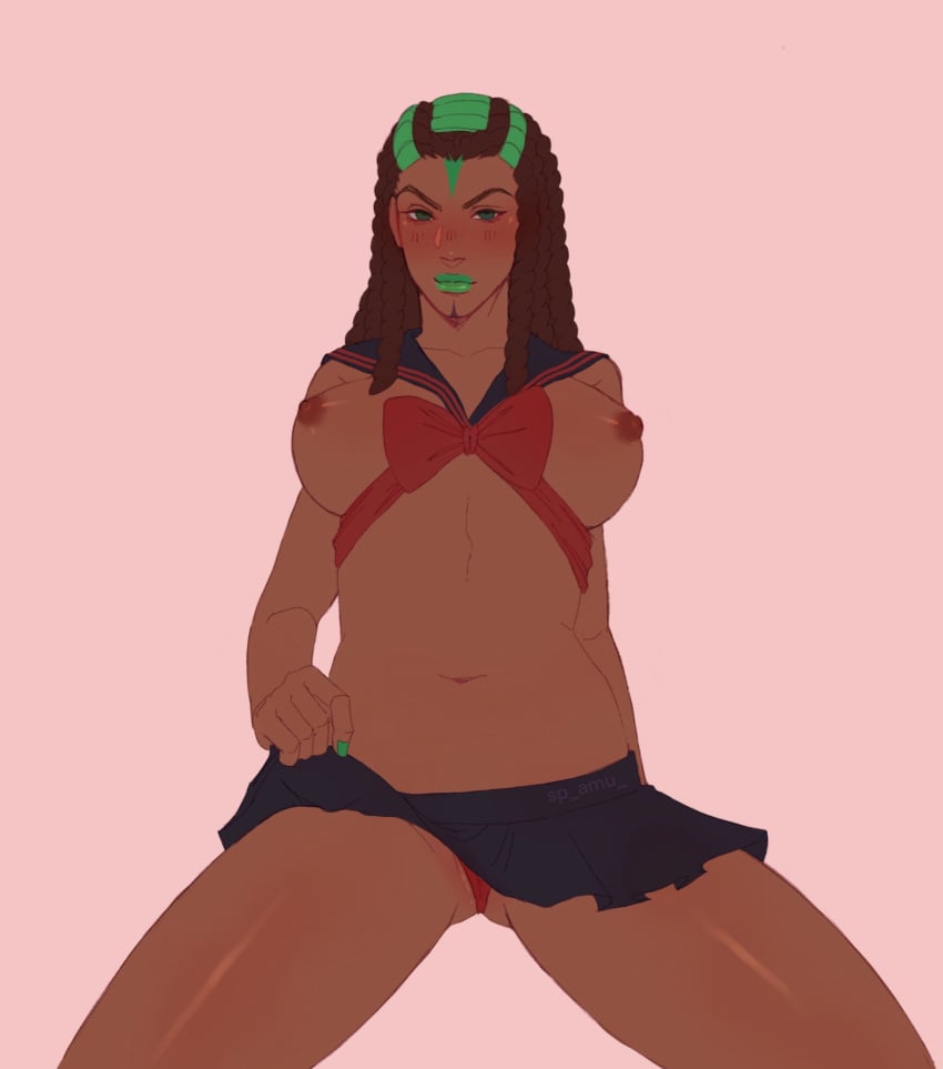 1girls breasts dark-skinned_female dreadlocks ermes_costello female female_only green_lipstick jojo's_bizarre_adventure looking_at_viewer navel nipples panties school_uniform skirt solo solo_female sp_amu stone_ocean