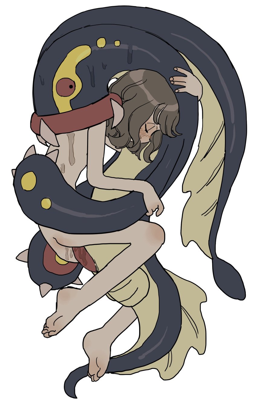 1boy1girl 1girls 2022 ambiguous_penetration blush bodily_fluids brown_hair closed_eyes color digital_drawing_(artwork) digital_media_(artwork) eelektross hugging human_on_feral looking_at_partner nintendo pokémon_(species) pokemon pokephilia semi sex short_hair simple_background size_difference