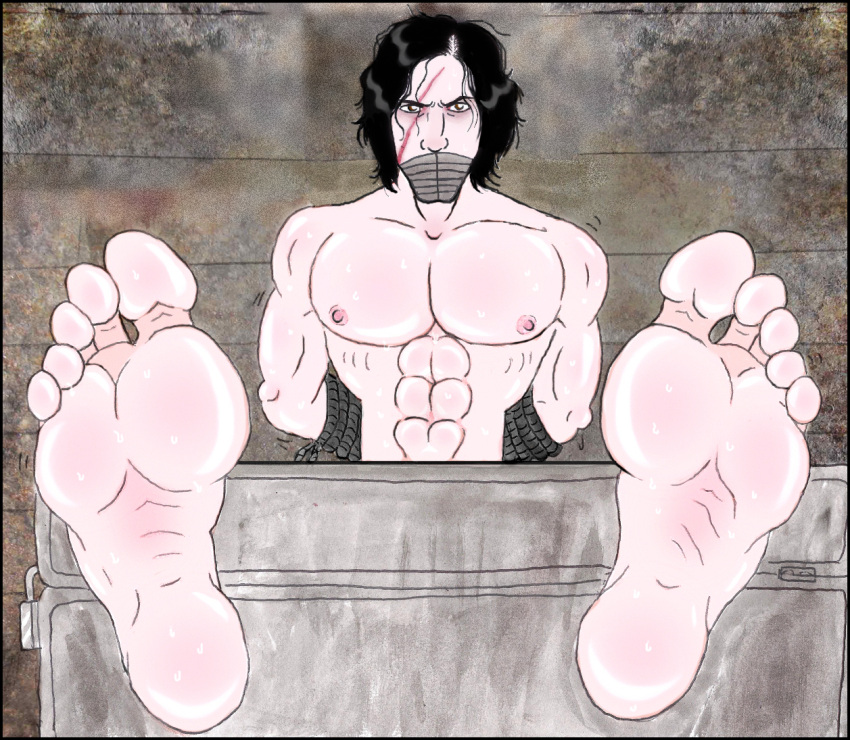 barefoot black_hair bondage bound gay kaijuboy kylo_ren male male_feet male_only muscular_male naked pale_skin punishment star_wars stocks sweat tagme the_force_awakens yaoi