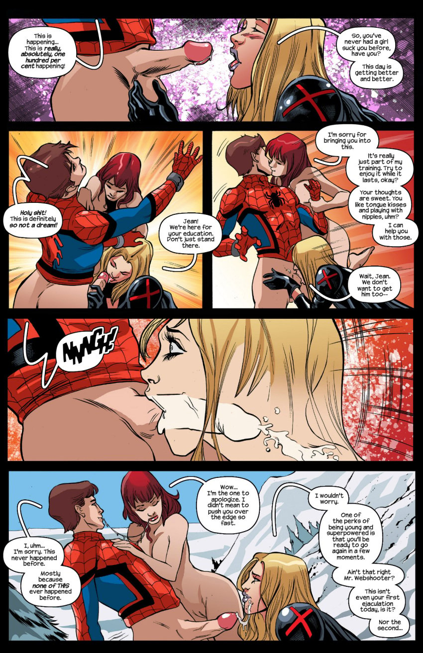 1boy 3girls ass blonde_hair bodysuit breasts emma_frost erection female gloves hair_ornament high_resolution illyana_rasputin jean_grey kall_alves large_breasts latrell licking licking_testicles magik_(illyana_rasputin) male marvel marvel_comics marvel_girl mask multiple_girls nipples no_pants oral oral_sex pale-skinned_female pale_skin penis red_hair seriousfic snow speech_bubble spider-man spider-man_(series) straight_hair testicle_licking testicles thighhighs thighs tracyscops tree white_queen x-men