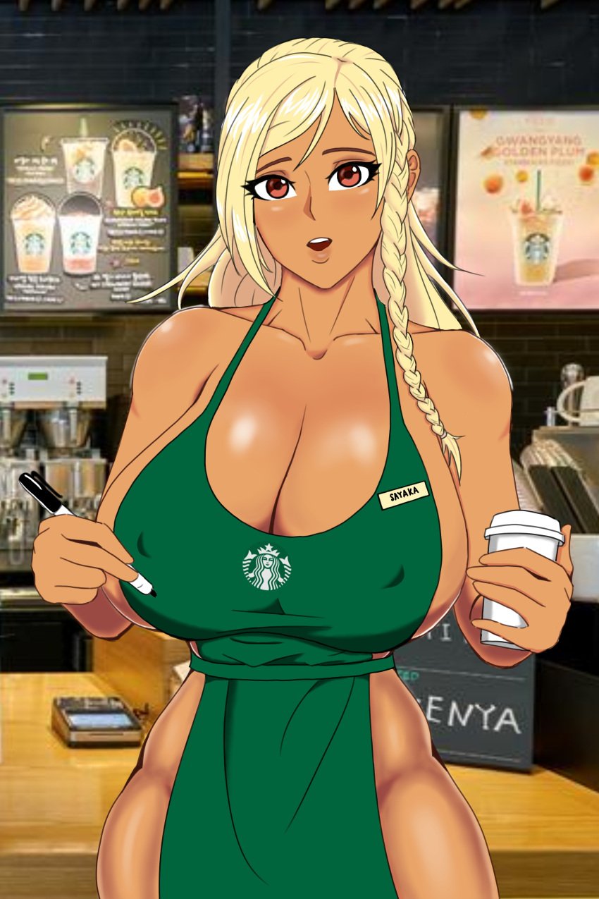 apron big_breasts blonde_hair braid brown_eyes brown_skin cleavage female female_only huge_breasts iced_latte_with_breast_milk katahara_sayaka kengan_(series) kengan_ashura long_hair looking_at_viewer meme naked_apron name_tag nipple_bulge red_eyes sideboob single_braid sirdoggo solo starbucks tan_skin