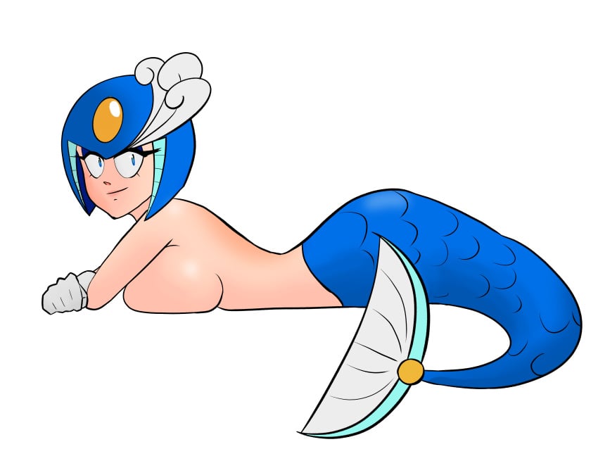 2d 2d_(artwork) absurd_res armor arty_renegate big_ass blue_eyes breasts eyelashes fin gloves helmet high_resolution hourglass_figure large_breasts lips lying lying_down lying_on_stomach mega_man mega_man(classic) mermaid mermaid_tail nude nude_female robot robot_girl rockman smile smiling smiling_at_viewer solo solo_female solo_focus splash_woman sunbathing tail topless topless_female wide_hips