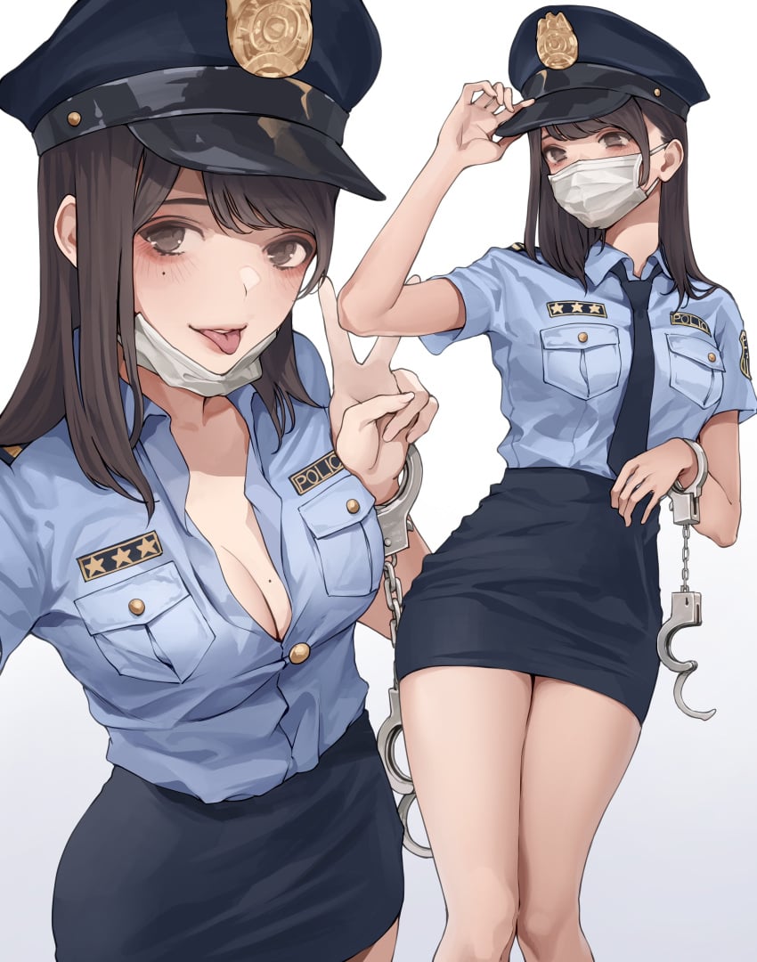 :p absurdres bare_legs blue_shirt breasts brown_hair cleavage cuffs female handcuffs hat highres koh_(minagi_kou) looking_at_viewer mask medium_breasts medium_hair mole mole_under_eye mouth_mask multiple_views necktie open_collar original original_character peaked_cap pencil_skirt police police_uniform policewoman shirt shirt_tucked_in simple_background skirt straight_hair tongue tongue_out uniform v white_background