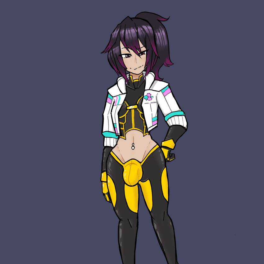 1futa 2022 alternate_costume black_hair breasts bulge chen_(intrudecate) clothed clothing flaccid fully_clothed futa_only futanari human intrudecate jacket light-skinned_futanari light_skin long_hair red_hair small_breasts solo standing two_tone_hair