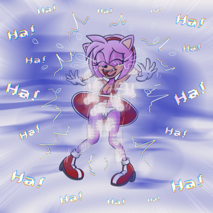 amy_rose anthro bodily_fluids camel_toe cameltoe closed_eyes clothing crying_laughing disembodied_hands eulipotyphlan female floating_hands hedgehog hi_res laugh mammal neruvous panties pantyshot sega solo sonic_(series) tears text tickling tickling_armpits tickling_belly tickling_breasts tickling_thighs underwear