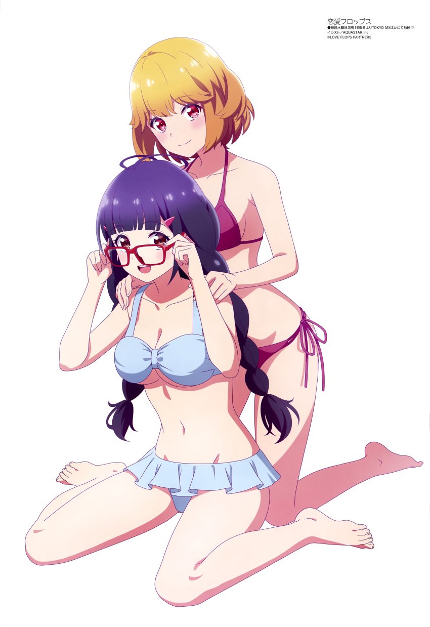 absurd_res aoi_izumisawa aqua_inc. bikini blonde_hair brown_eyes glasses hi_res highres karin_istel long_hair megami_magazine official_art purple_hair red_eyes renai_flops short_hair swimsuit