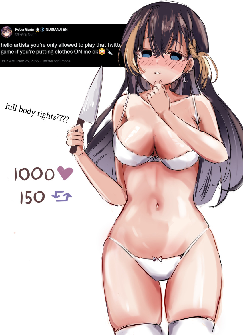 1girls amechi_(artist) bare_midriff bare_shoulders belly_button big_breasts black_hair blue_eyes blush cleavage earring english_text exposed_shoulders holding_knife knife legwear looking_at_viewer navel nijisanji nijisanji_en petra_gurin scary_face solo solo_female solo_focus stockings text thick_thighs thighhighs tweet underwear underwear_only virtual_youtuber white_bra white_panties white_underwear yandere_eyes yellow_hair