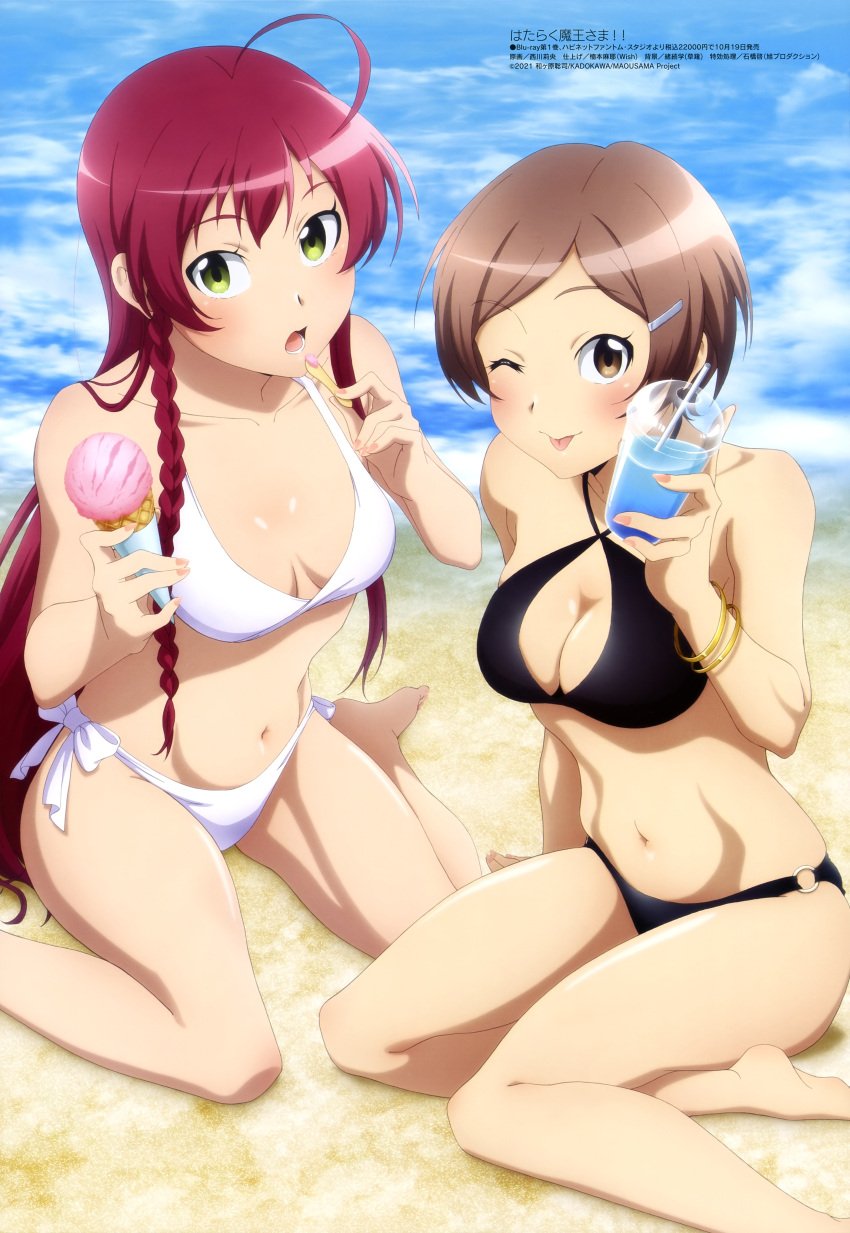 2girls absurd_res beach bikini brown_eyes brown_hair eating female female_only green_eyes hataraku_maou-sama! hi_res highres ice_cream long_hair megami_magazine multiple_girls official_art open_mouth red_hair sand sea seaside short_hair suzuki_rika_(hataraku_maou-sama!) swimsuit tongue_out yusa_emi