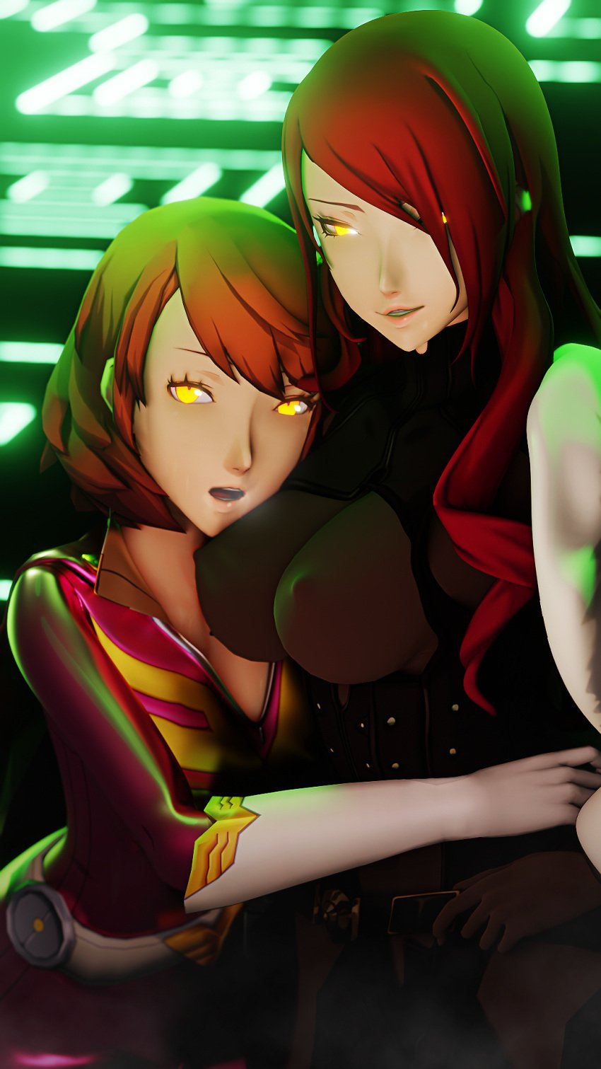 2girls 3d accurate_art_style amateurthrowaway atlus breasts fully_clothed fully_clothed_female highres looking_at_viewer mitsuru_kirijo nipples official_style persona persona_3 persona_4_arena persona_4_arena_ultimax sega sentai shadow_(persona) shadow_mitsuru shadow_self_(persona) shadow_yukari tagme yellow_eyes yukari_takeba yuri